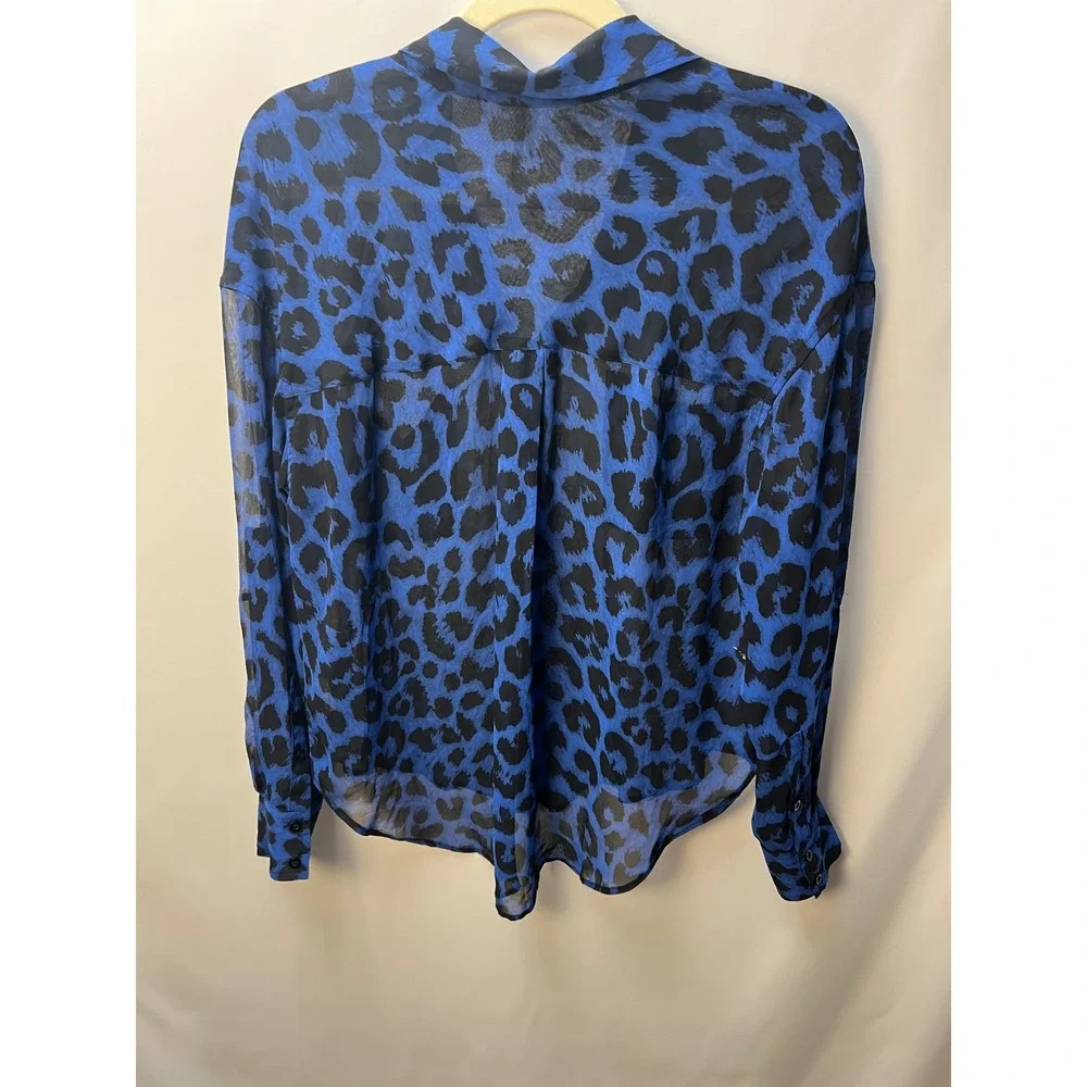 Free People Blue Leopard Animal Print Sheer Button Down Shirt XS Pocket Top